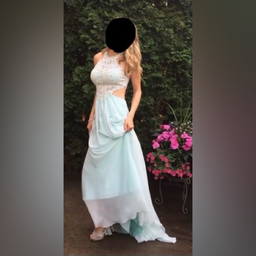 Mon Cheri La Gala Aqua Blue Prom Dress Size 4
